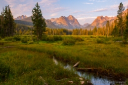 View of the Sawtooth Mountains just after sunrise at Fishook Creek